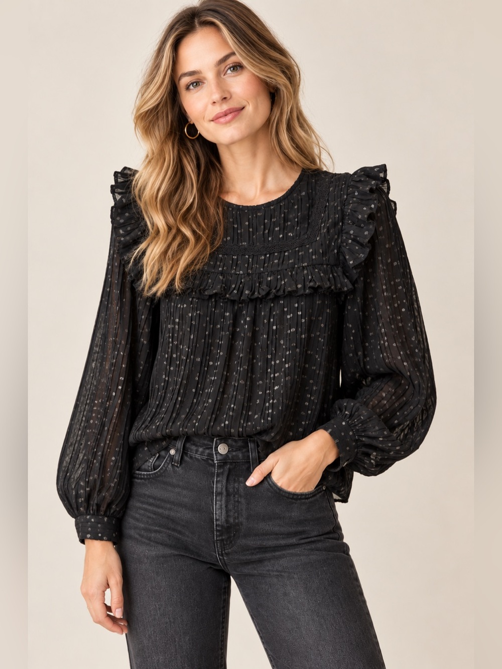 Topshop Black Pleated Ruffle Metallic Dot Blouse Size 6